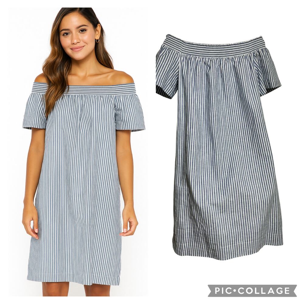 J. Crew Blue and White Stripe Off Shoulder Dress Beach Coastal - Size 4‎ (2851)